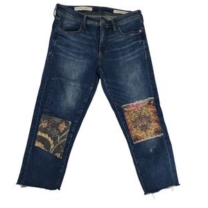 Pilcro Anthropologie Slim Boyfriend Jeans Tapestry Patch Raw Hem Dark Wash 28